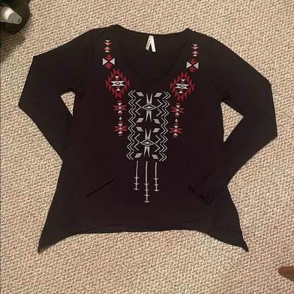 Roper Black Long Sleeve Tee with Red and Gray Accents - Picture 1 of 4